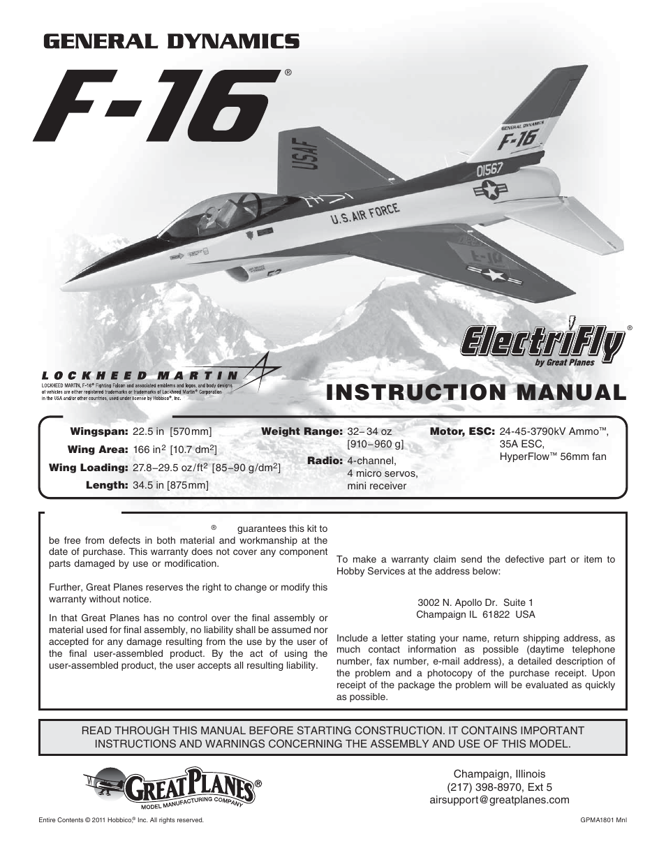 Great Planes F-16 Falcon EDF ARF - GPMA1801 User Manual | 24 pages