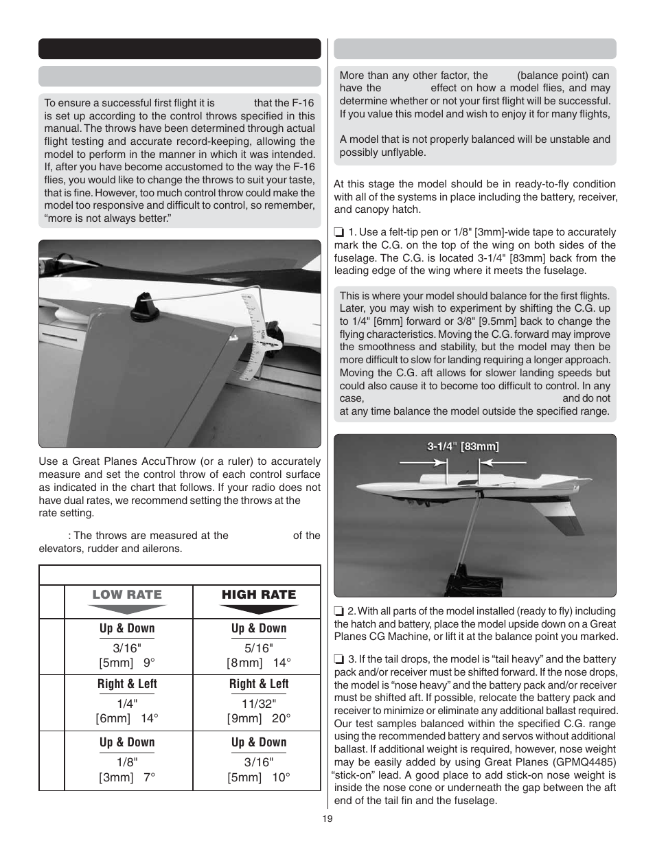 Get the model ready to fly set the control throws, Balance the model (c.g.) | Great Planes F-16 Falcon EDF ARF - GPMA1801 User Manual | Page 19 / 24