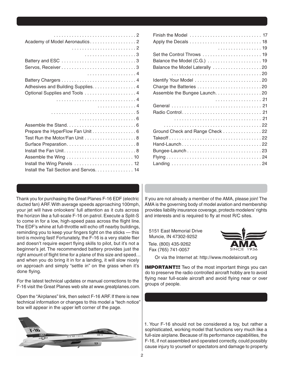Great Planes F-16 Falcon EDF ARF - GPMA1801 User Manual | Page 2 / 24