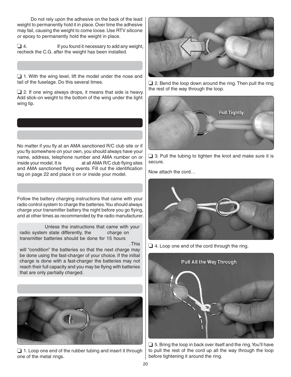 Balance the model laterally, Preflight identify your model, Charge the batteries | Assemble the bungee launch | Great Planes F-16 Falcon EDF ARF - GPMA1801 User Manual | Page 20 / 24