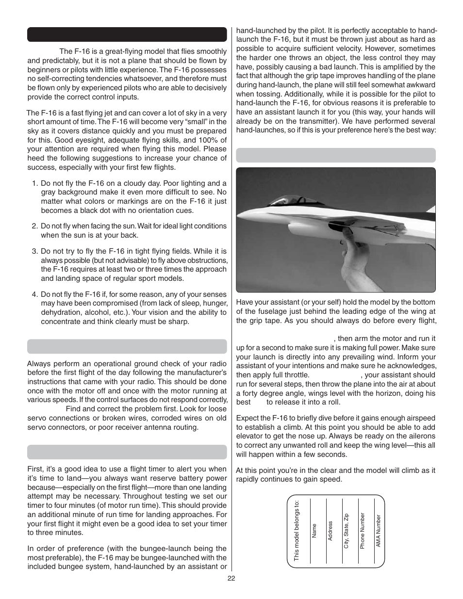 Flying, Ground check and range check, Takeoff | Hand-launch | Great Planes F-16 Falcon EDF ARF - GPMA1801 User Manual | Page 22 / 24