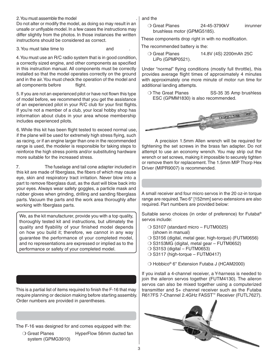 Decisions you must make, Battery and esc, Servos, receiver | Great Planes F-16 Falcon EDF ARF - GPMA1801 User Manual | Page 3 / 24