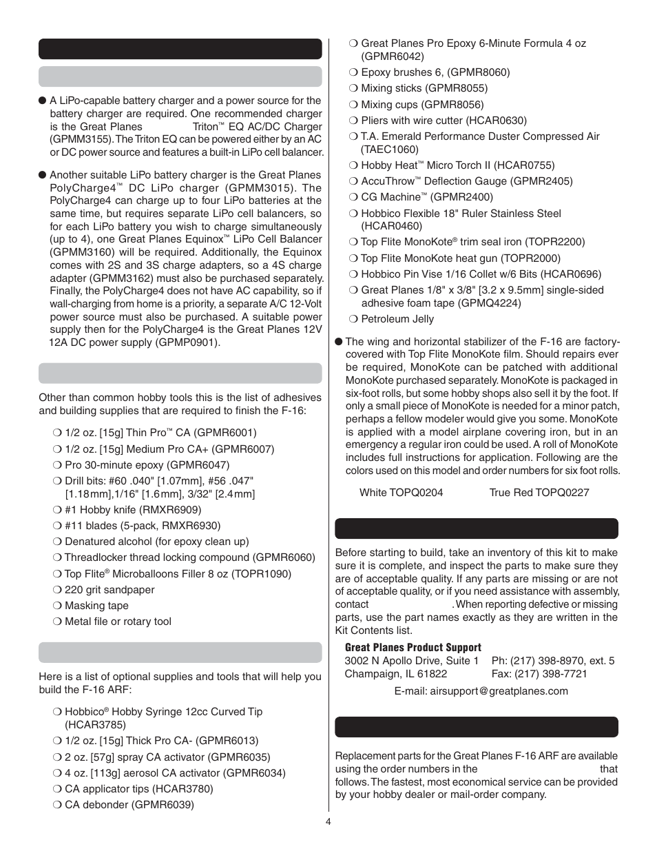Additional items required battery chargers, Adhesives and building supplies, Optional supplies and tools | Kit inspection, Ordering replacement parts | Great Planes F-16 Falcon EDF ARF - GPMA1801 User Manual | Page 4 / 24