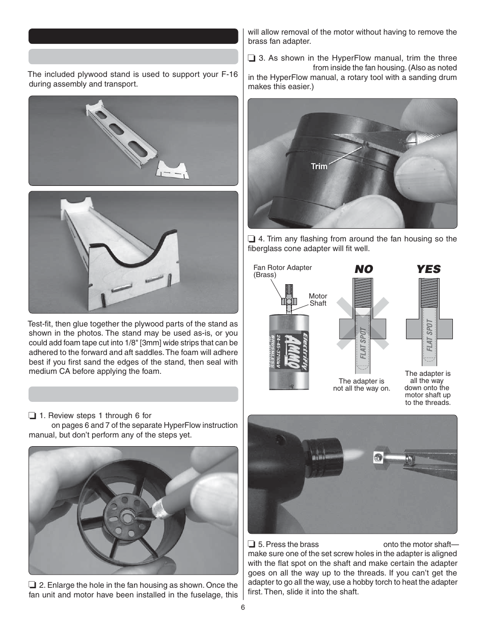 Assembly instructions assemble the stand, Prepare the hyperflow fan unit | Great Planes F-16 Falcon EDF ARF - GPMA1801 User Manual | Page 6 / 24