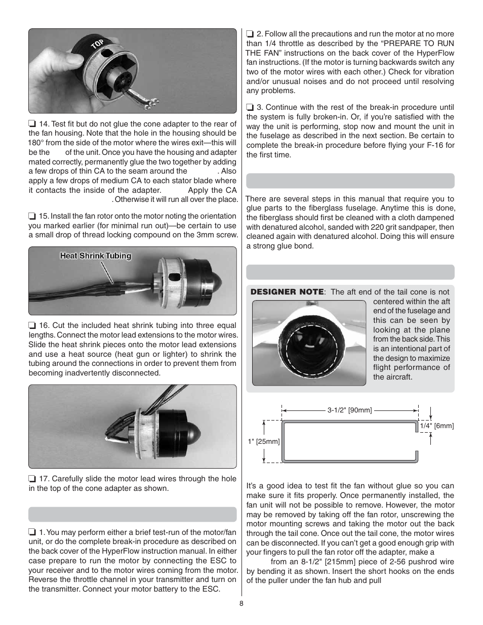 Test run the motor/fan unit, Surface preparation, Install the fan unit | Great Planes F-16 Falcon EDF ARF - GPMA1801 User Manual | Page 8 / 24