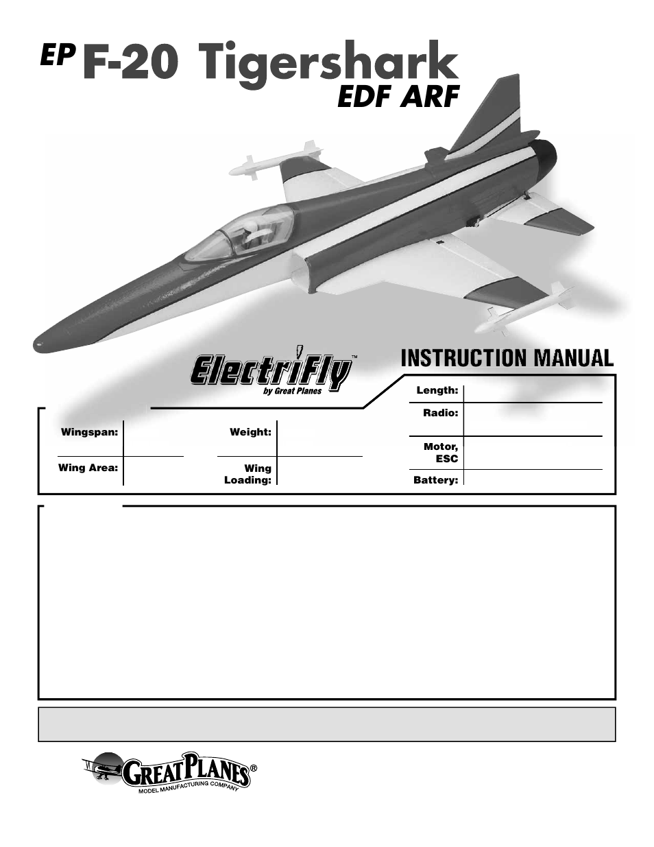 Great Planes F-20 Tigershark Electric Ducted Fan Rx-R - GPMA6010 User Manual | 16 pages