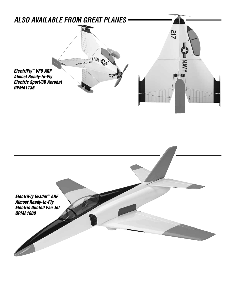 Also available from great planes, Electrifly, Electrifly evader | Great Planes F-20 Tigershark Electric Ducted Fan Rx-R - GPMA6010 User Manual | Page 16 / 16