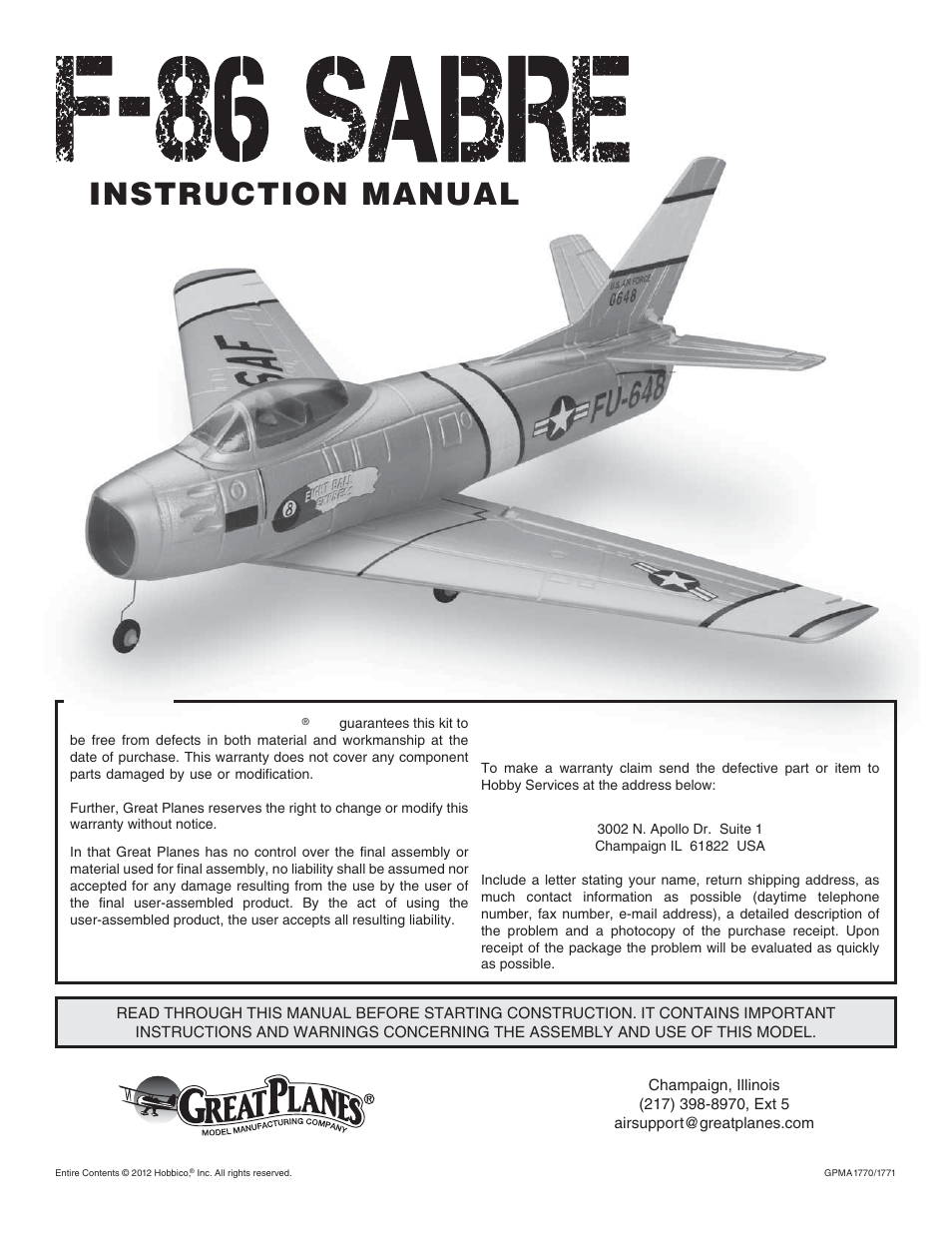 Great Planes F-86 Sabre Micro EDF RTF - GPMA1770 User Manual | 12 pages