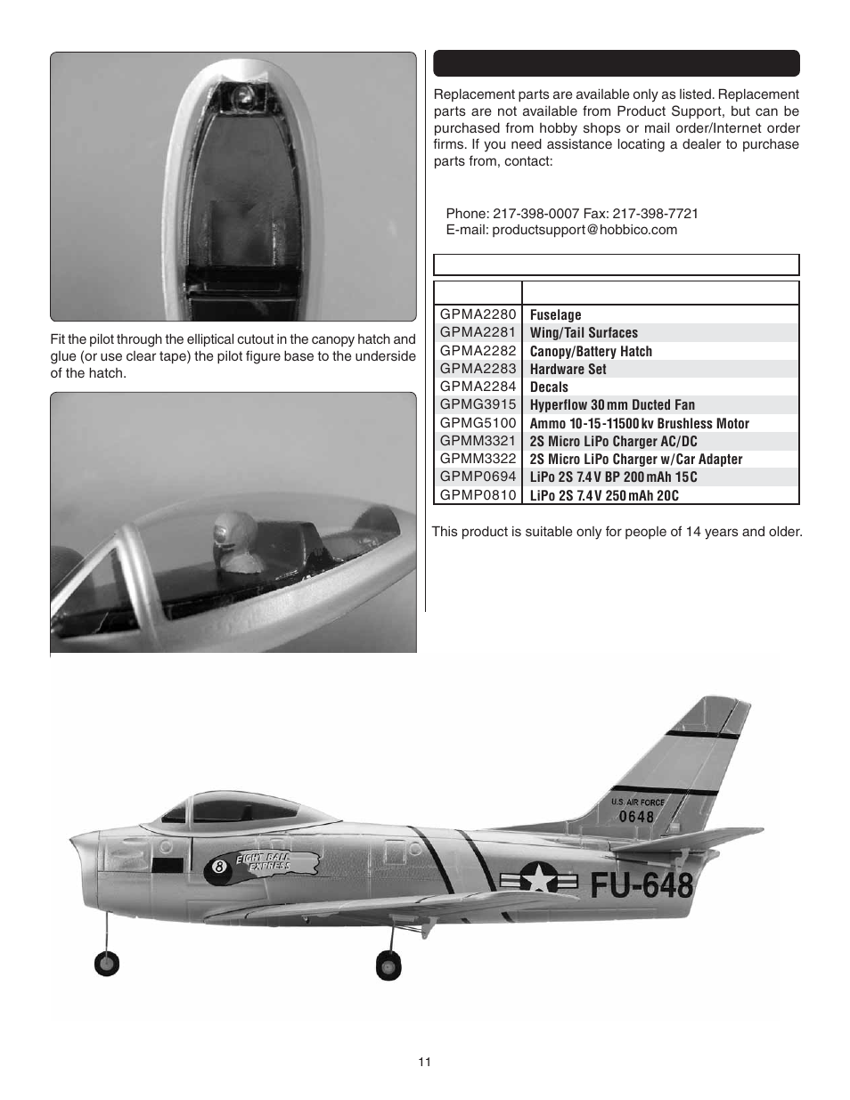 Replacement parts | Great Planes F-86 Sabre Micro EDF RTF - GPMA1770 User Manual | Page 11 / 12