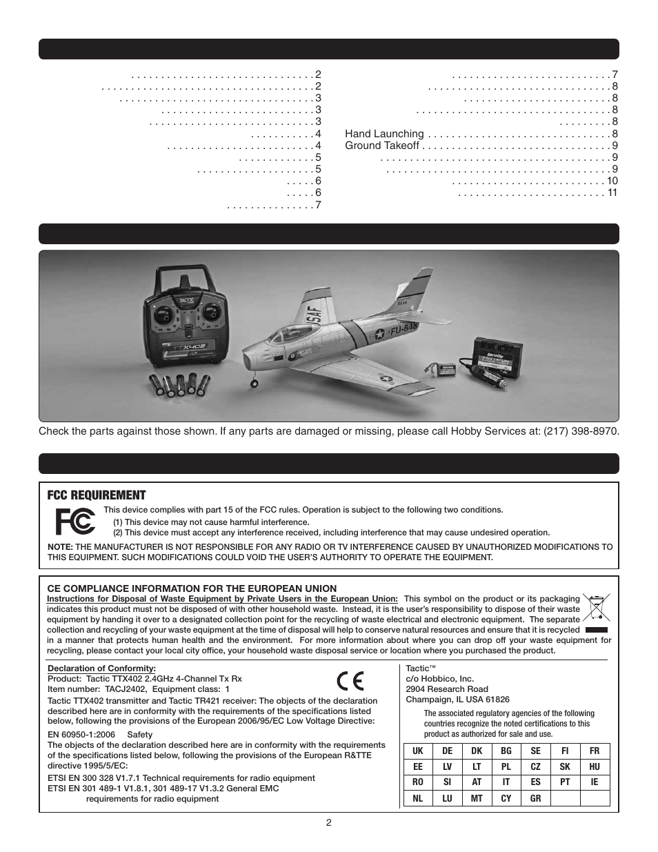 Table of contents fcc and etsi included items, Fcc requirement | Great Planes F-86 Sabre Micro EDF RTF - GPMA1770 User Manual | Page 2 / 12