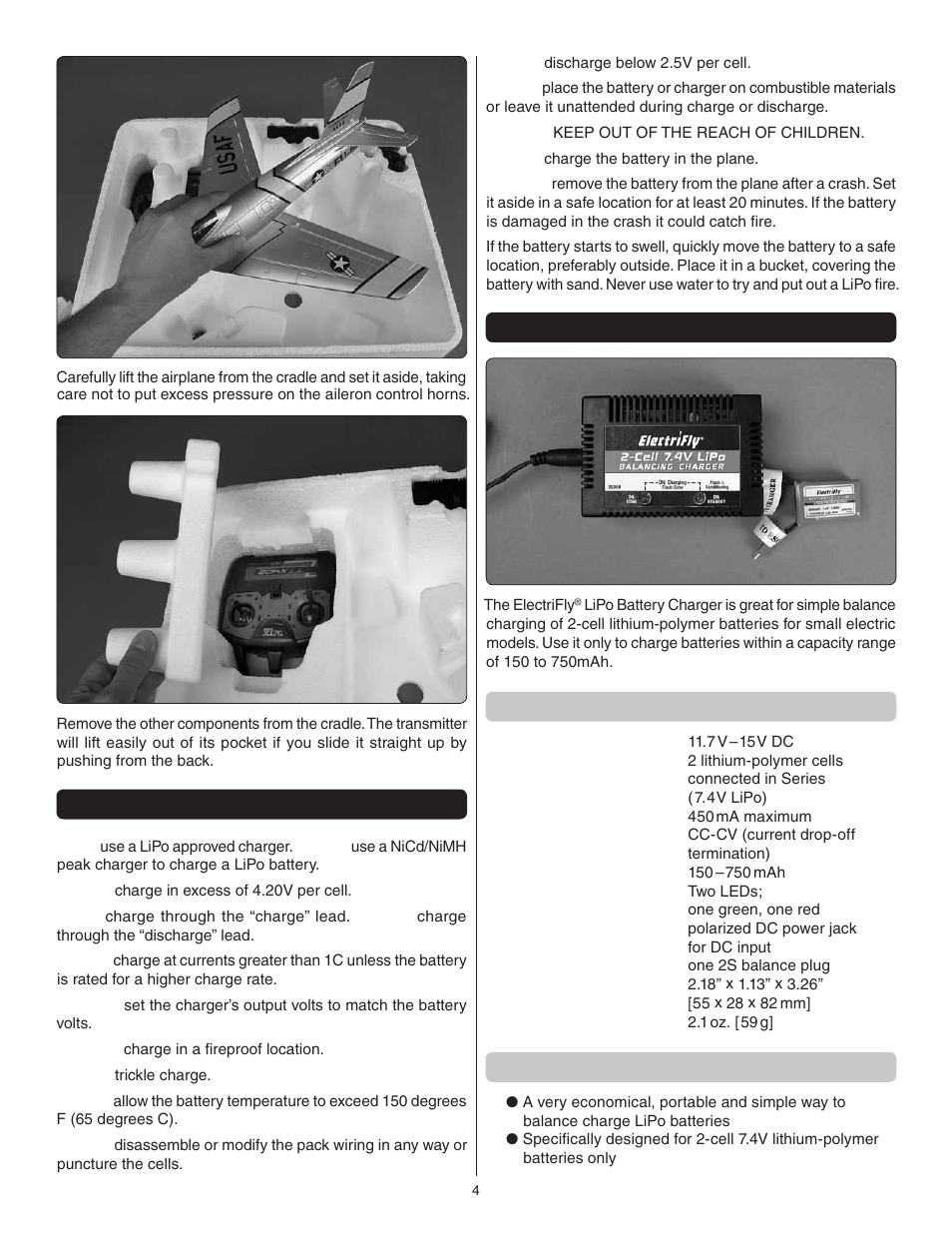 Lithium battery handling & usage, Charge the battery, Specifications | Special features | Great Planes F-86 Sabre Micro EDF RTF - GPMA1770 User Manual | Page 4 / 12