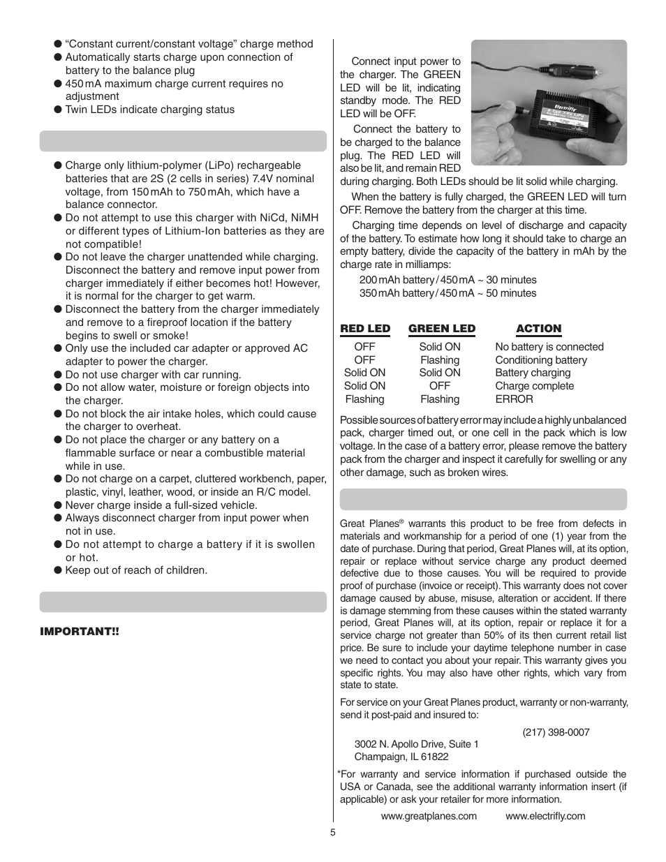 Important precautions, Charging batteries | Great Planes F-86 Sabre Micro EDF RTF - GPMA1770 User Manual | Page 5 / 12