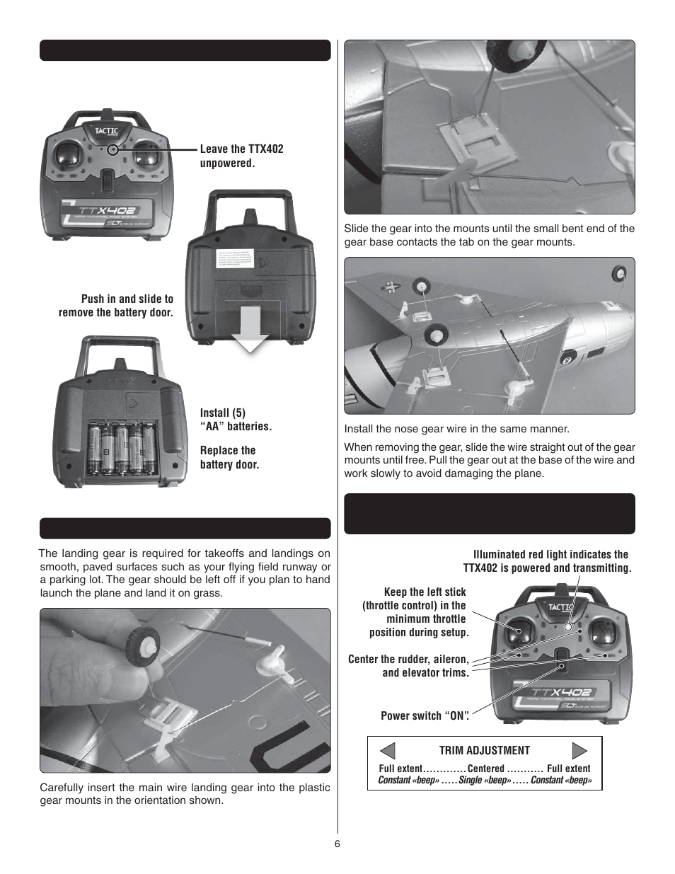 Prepare the ttx402 transmitter, Install the landing gear, Power the ttx402 and center the trims | Great Planes F-86 Sabre Micro EDF RTF - GPMA1770 User Manual | Page 6 / 12