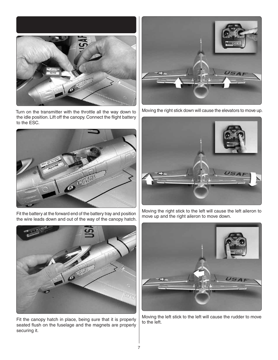 Check the control surface directions | Great Planes F-86 Sabre Micro EDF RTF - GPMA1770 User Manual | Page 7 / 12