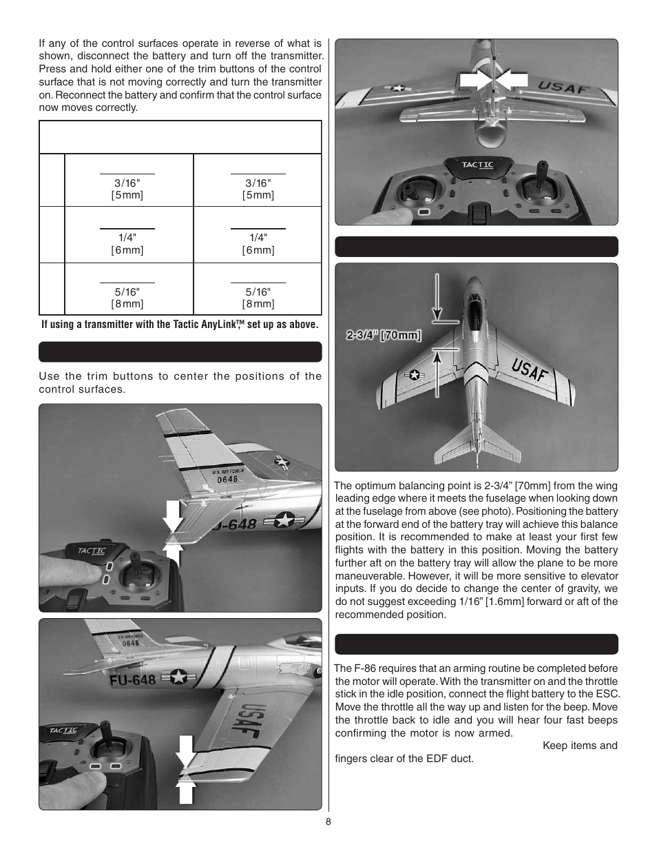 Center the control surfaces, Center of gravity, Arm the motor | Great Planes F-86 Sabre Micro EDF RTF - GPMA1770 User Manual | Page 8 / 12
