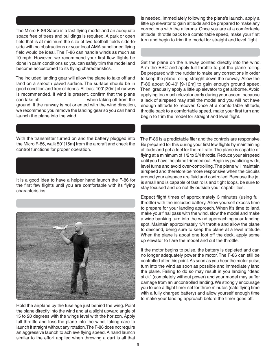 Choose a flying site, Range check, Hand launching and ground takeoffs | Hand launching, Ground takeoff, Flight | Great Planes F-86 Sabre Micro EDF RTF - GPMA1770 User Manual | Page 9 / 12