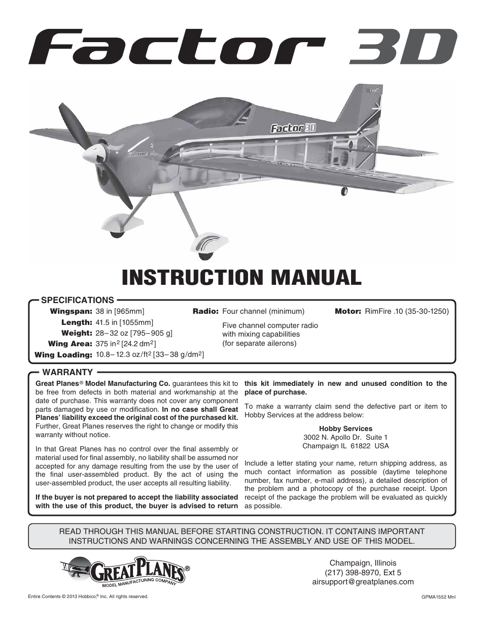 Great Planes Factor 3D ARF - GPMA1552 User Manual | 20 pages