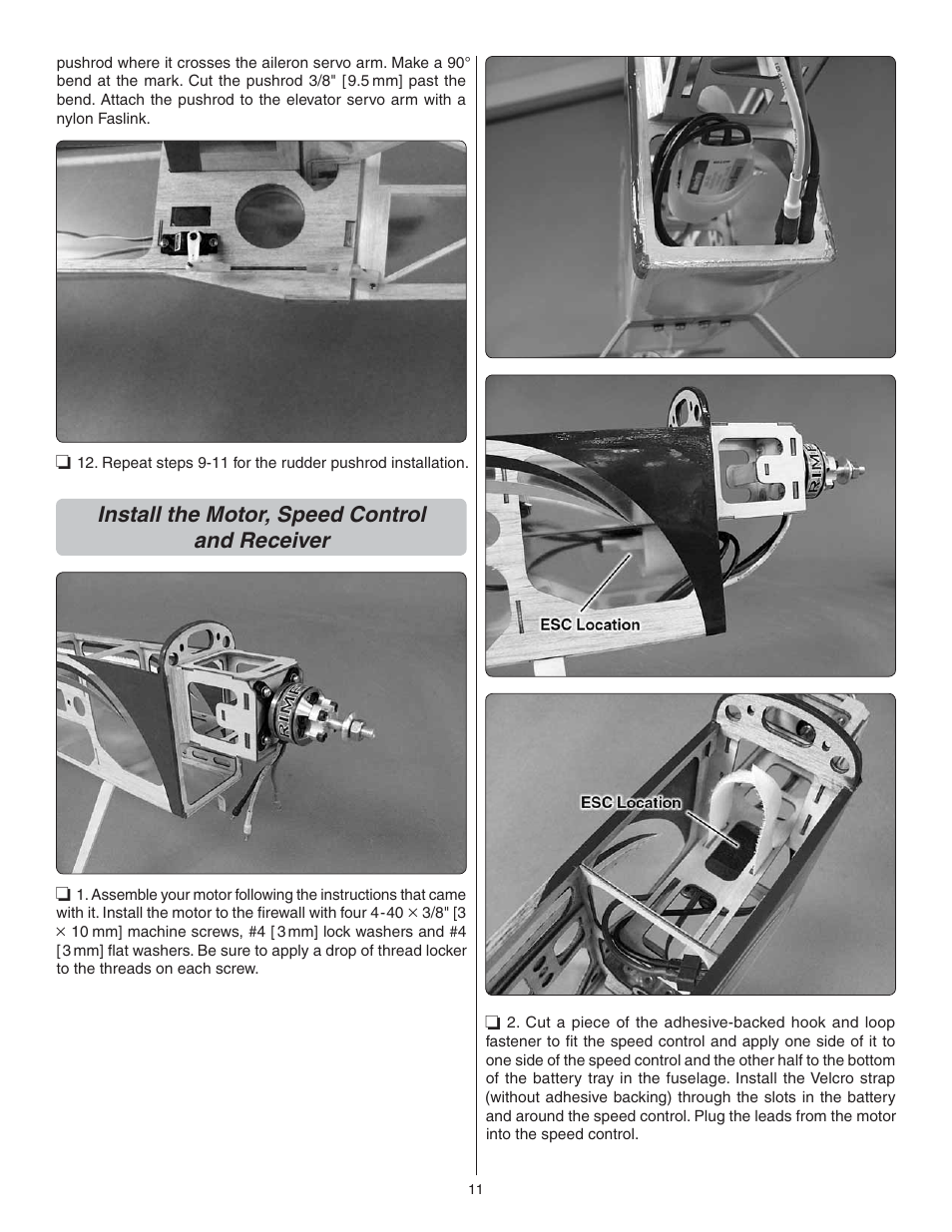 Install the motor, speed control and receiver | Great Planes Factor 3D ARF - GPMA1552 User Manual | Page 11 / 20