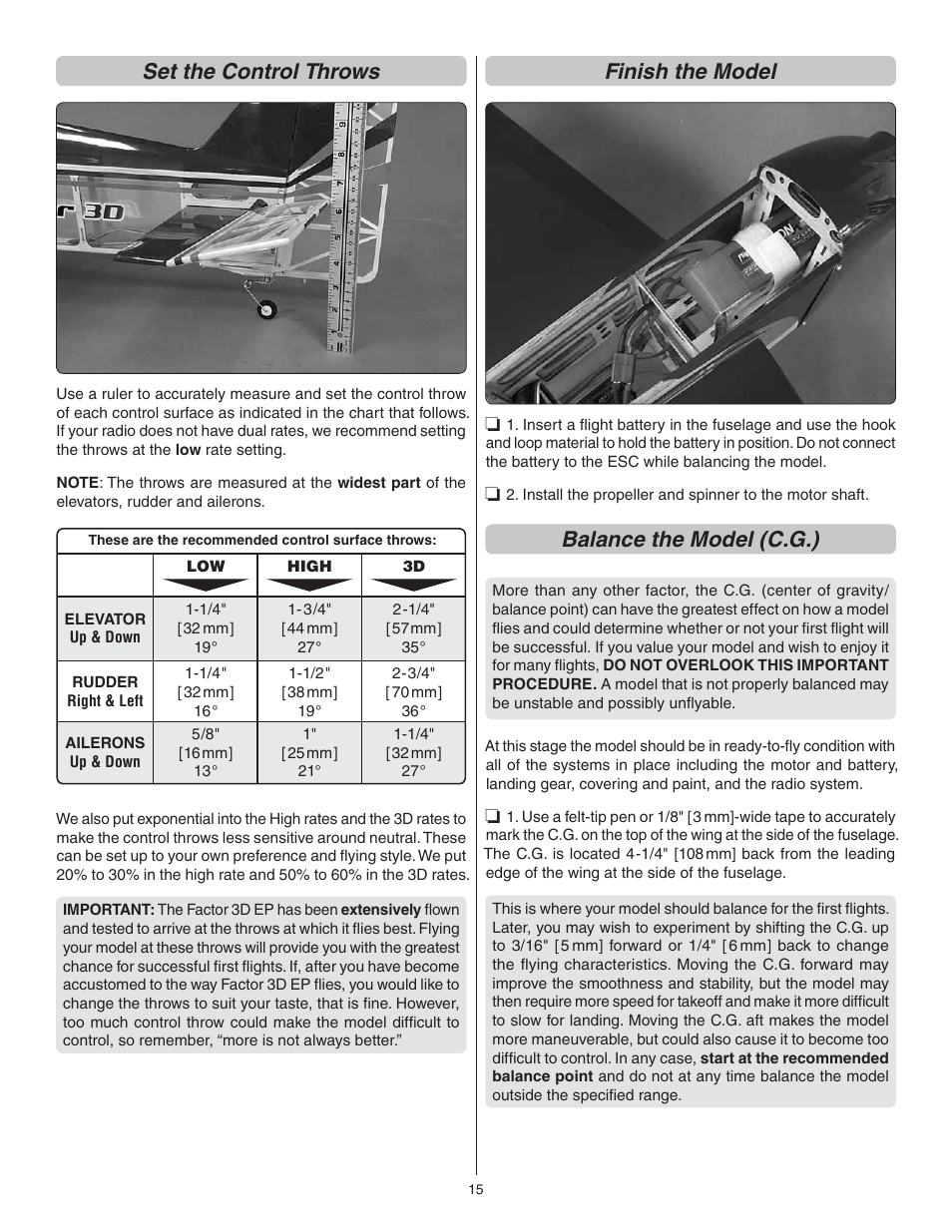 Set the control throws, Finish the model, Balance the model (c.g.) | Great Planes Factor 3D ARF - GPMA1552 User Manual | Page 15 / 20