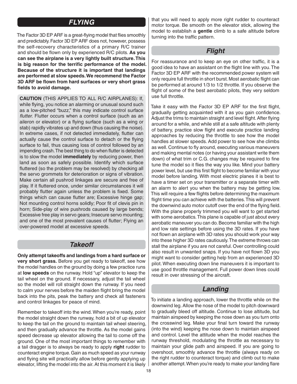 Flying, Takeoff, Flight | Landing | Great Planes Factor 3D ARF - GPMA1552 User Manual | Page 18 / 20