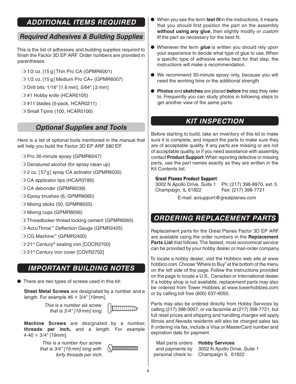 Optional supplies and tools, Kit inspection, Ordering replacement parts | Great Planes Factor 3D ARF - GPMA1552 User Manual | Page 4 / 20