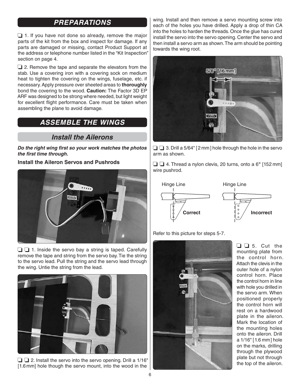 Preparations, Assemble the wings install the ailerons | Great Planes Factor 3D ARF - GPMA1552 User Manual | Page 6 / 20