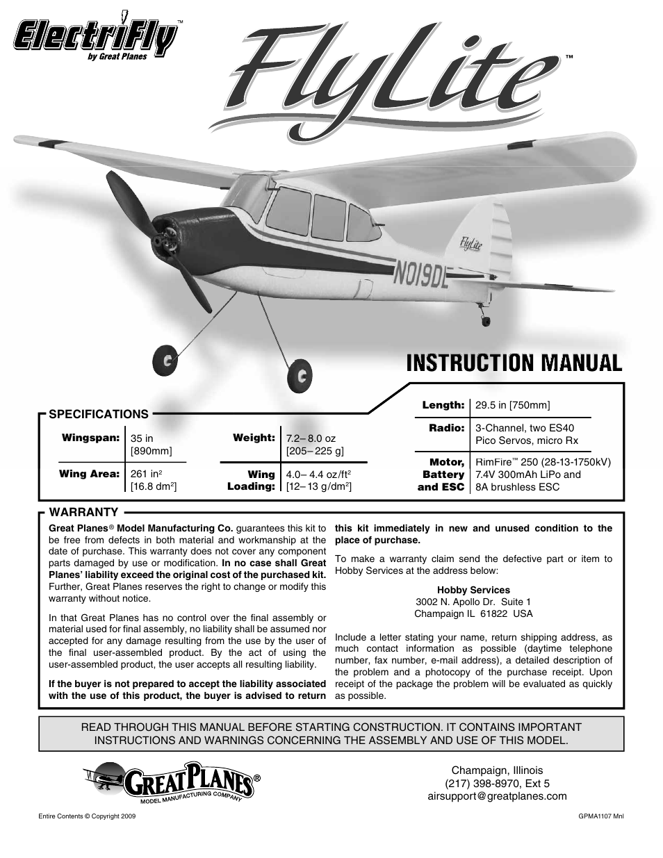 Great Planes FlyLite EP Slow Flyer ARF - GPMA1107 User Manual | 24 pages