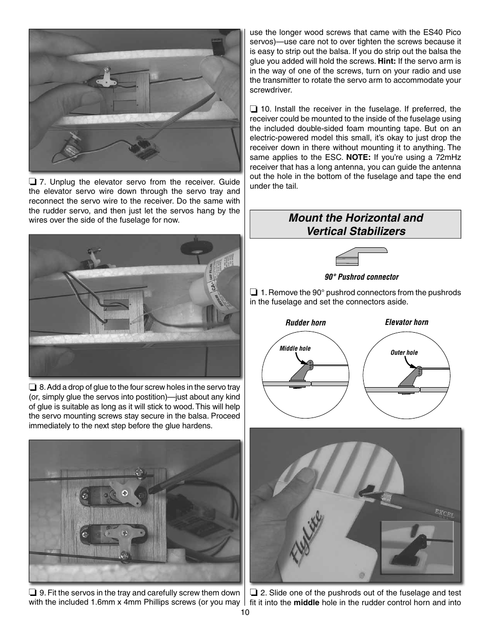 Mount the horizontal and vertical stabilizers | Great Planes FlyLite EP Slow Flyer ARF - GPMA1107 User Manual | Page 10 / 24