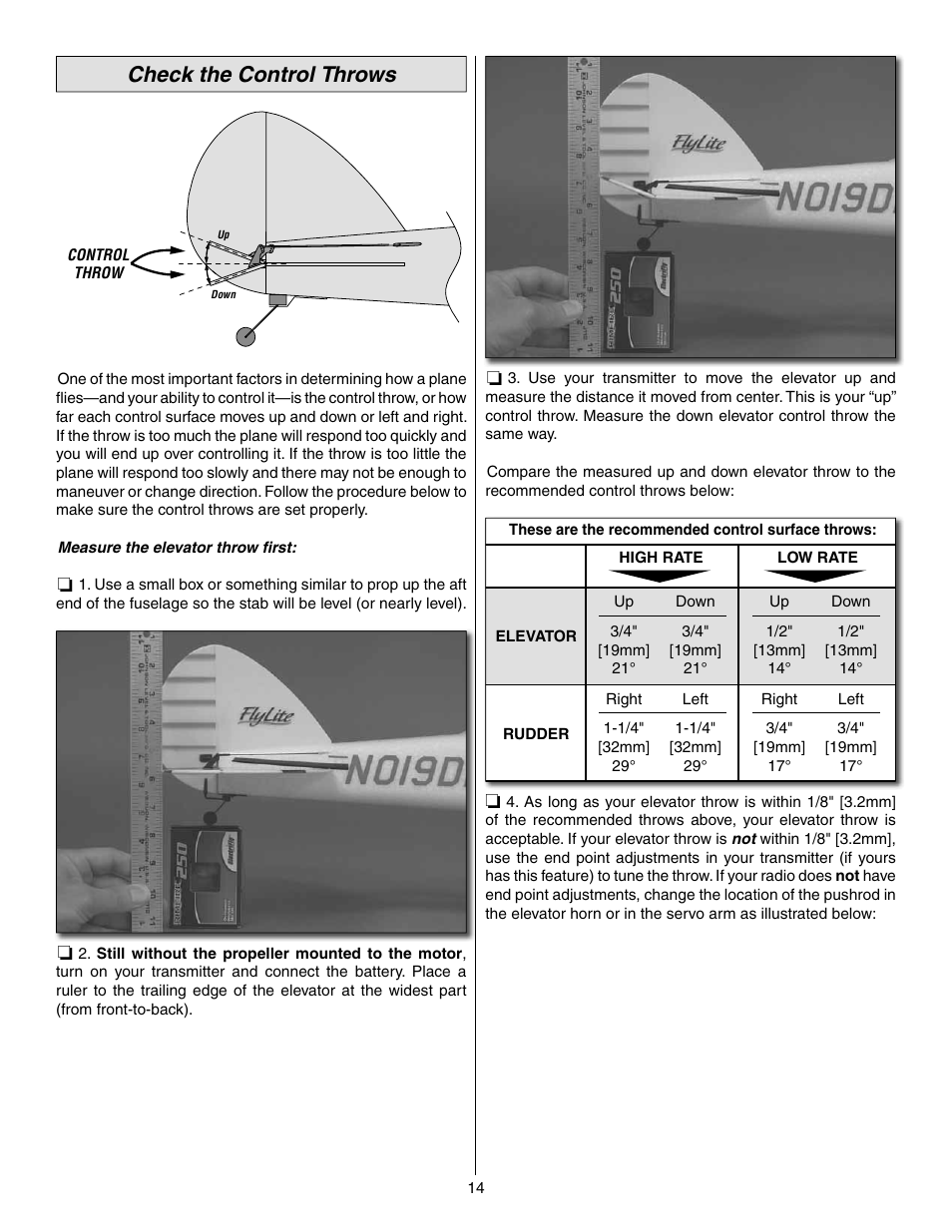 Check the control throws | Great Planes FlyLite EP Slow Flyer ARF - GPMA1107 User Manual | Page 14 / 24