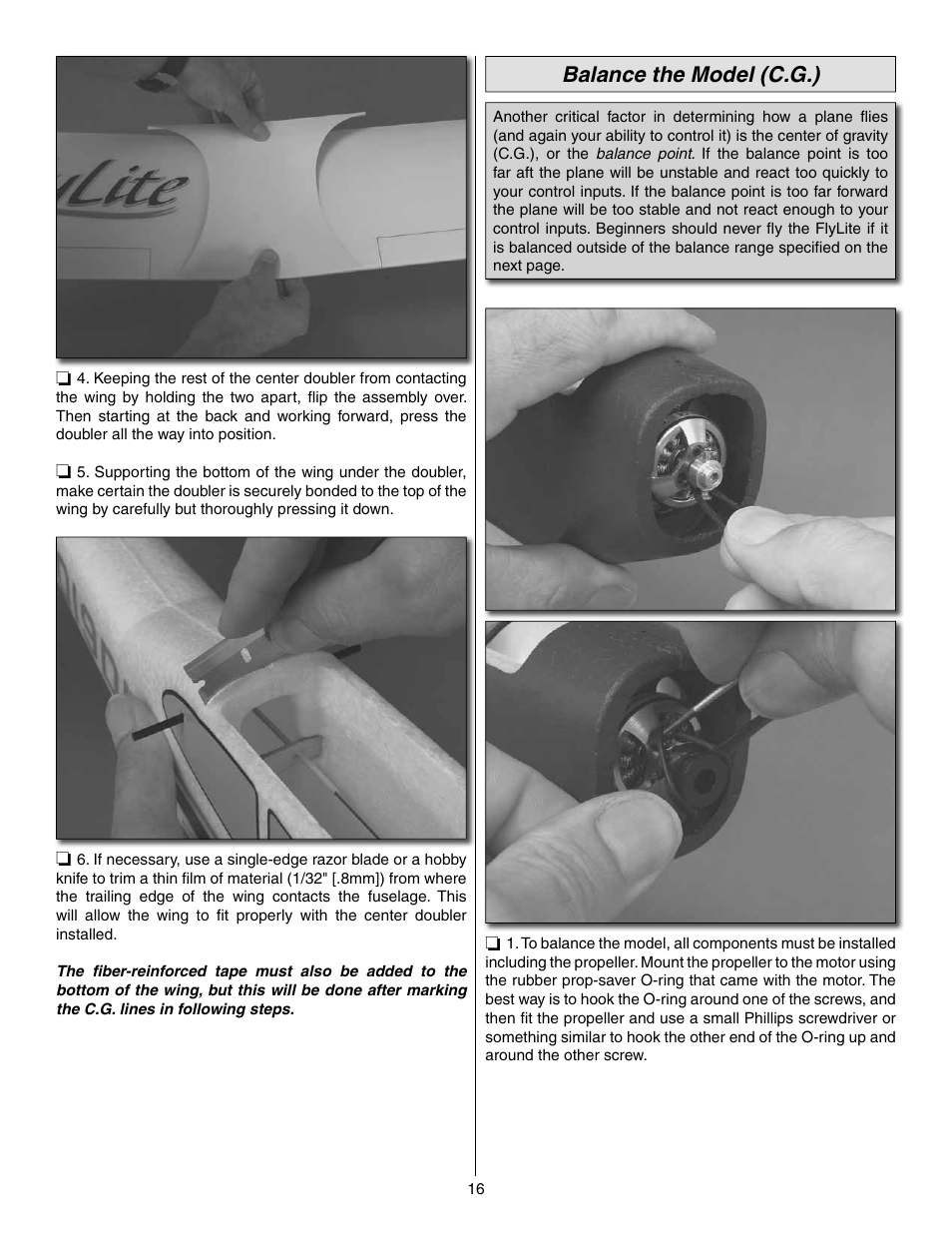 Balance the model (c.g.) | Great Planes FlyLite EP Slow Flyer ARF - GPMA1107 User Manual | Page 16 / 24