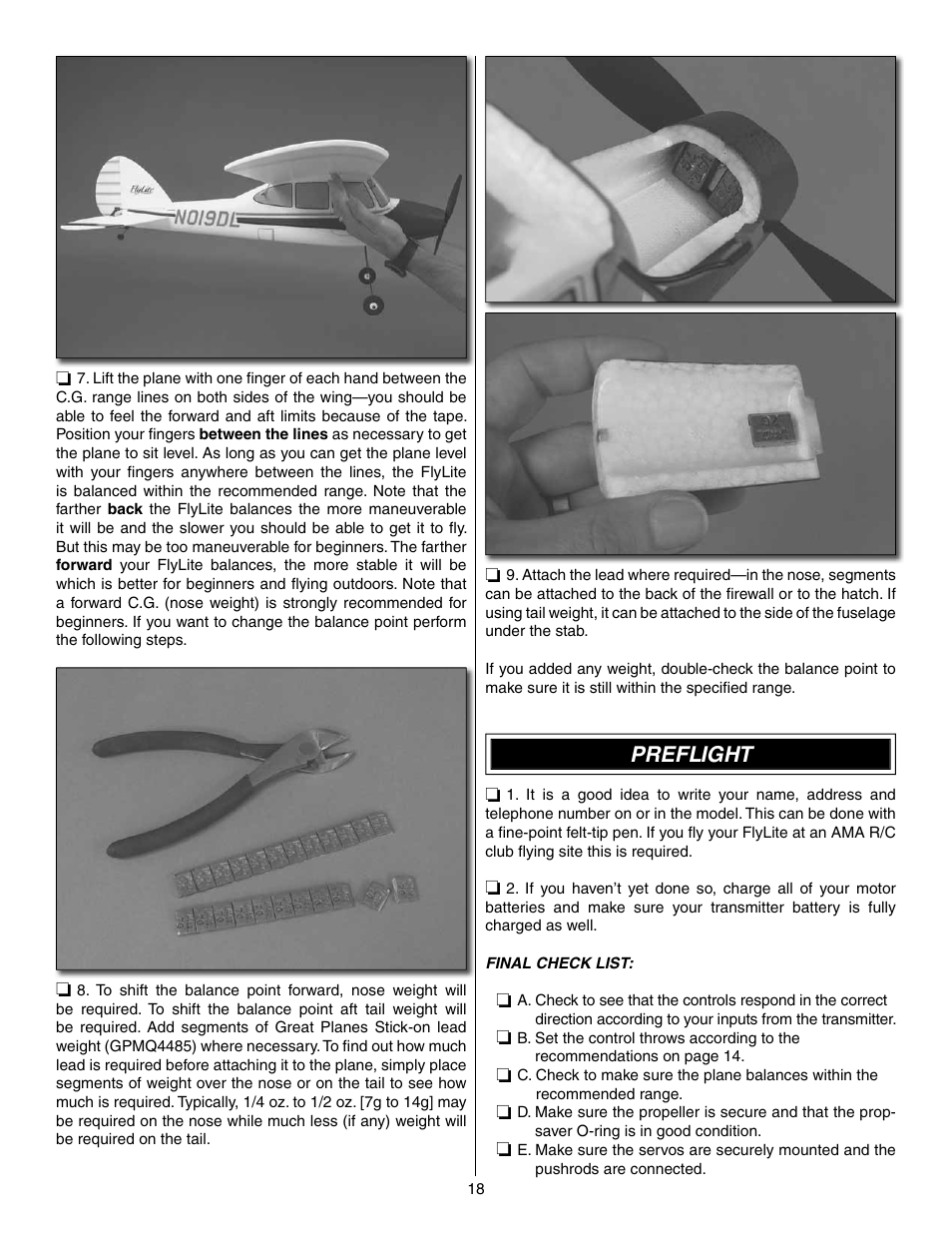 Preflight | Great Planes FlyLite EP Slow Flyer ARF - GPMA1107 User Manual | Page 18 / 24