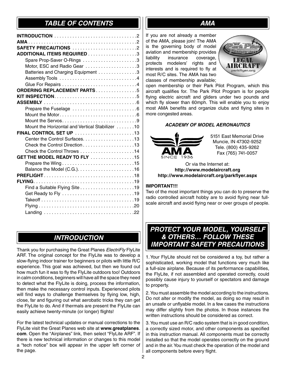 Great Planes FlyLite EP Slow Flyer ARF - GPMA1107 User Manual | Page 2 / 24