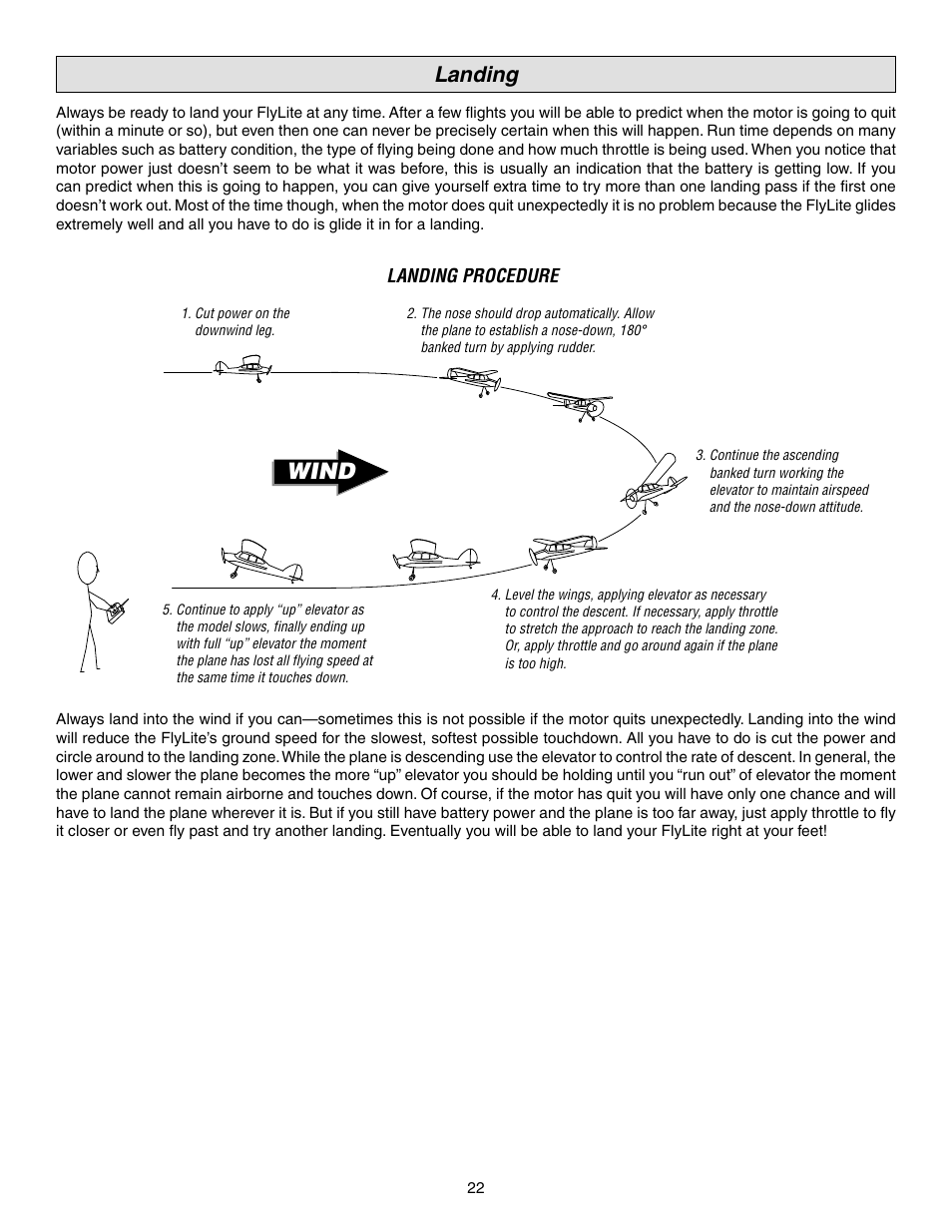 Wind, Landing | Great Planes FlyLite EP Slow Flyer ARF - GPMA1107 User Manual | Page 22 / 24