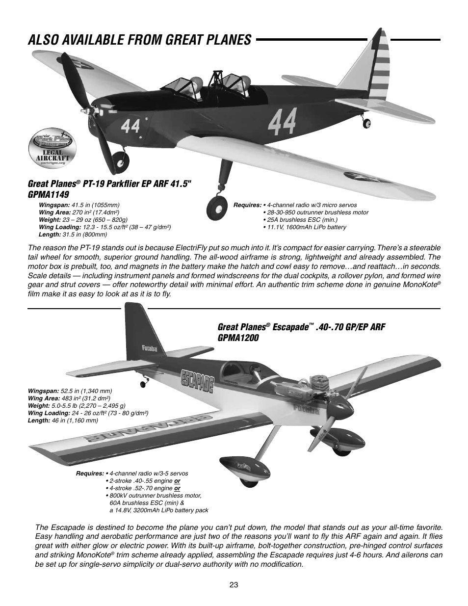 Also available from great planes, Great planes, Escapade | Great Planes FlyLite EP Slow Flyer ARF - GPMA1107 User Manual | Page 23 / 24