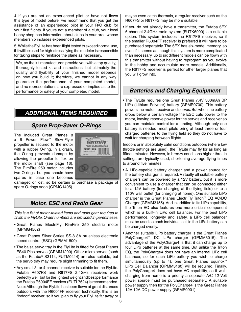 Additional items required spare prop-saver o-rings, Motor, esc and radio gear, Batteries and charging equipment | Great Planes FlyLite EP Slow Flyer ARF - GPMA1107 User Manual | Page 3 / 24