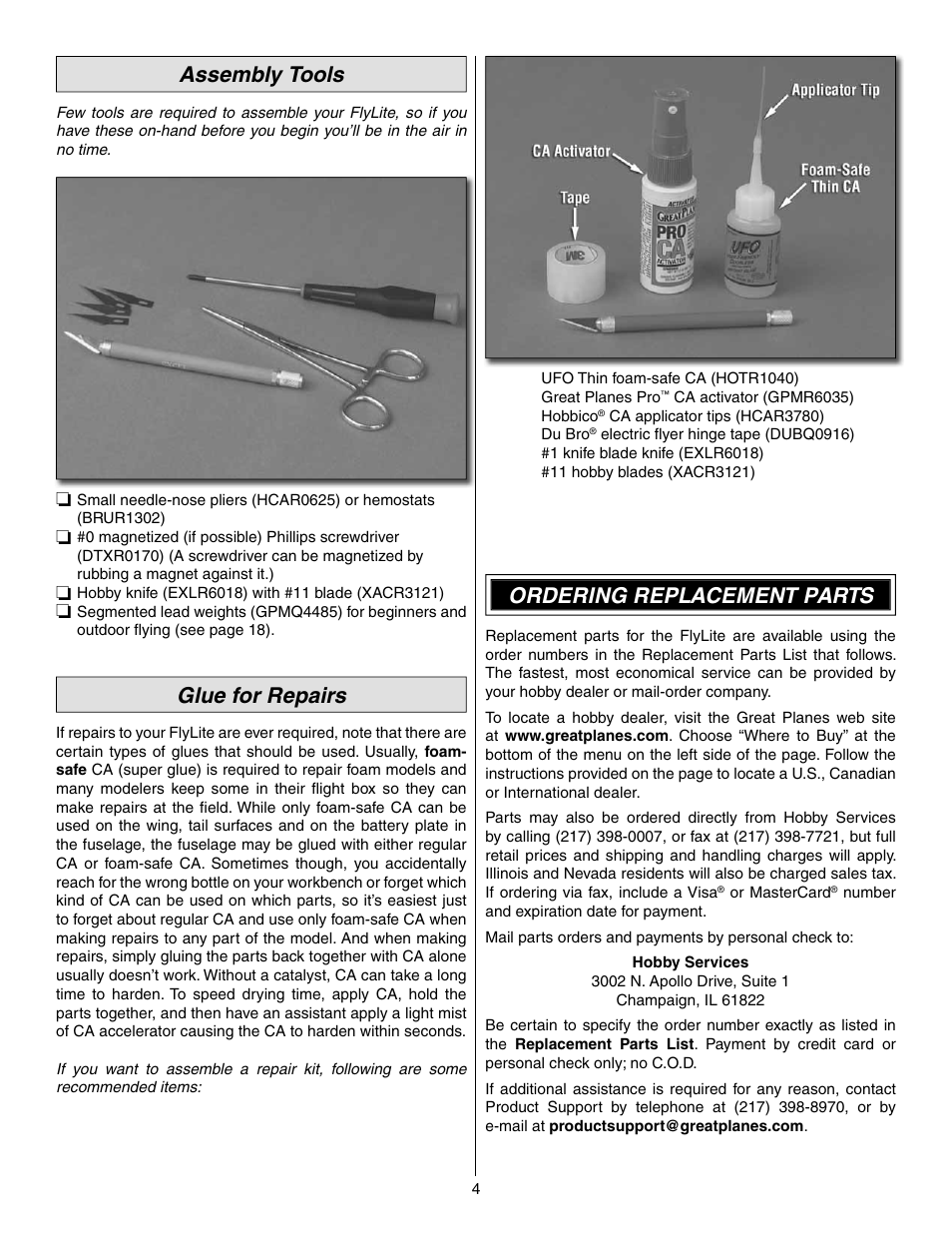 Assembly tools, Glue for repairs, Ordering replacement parts | Great Planes FlyLite EP Slow Flyer ARF - GPMA1107 User Manual | Page 4 / 24