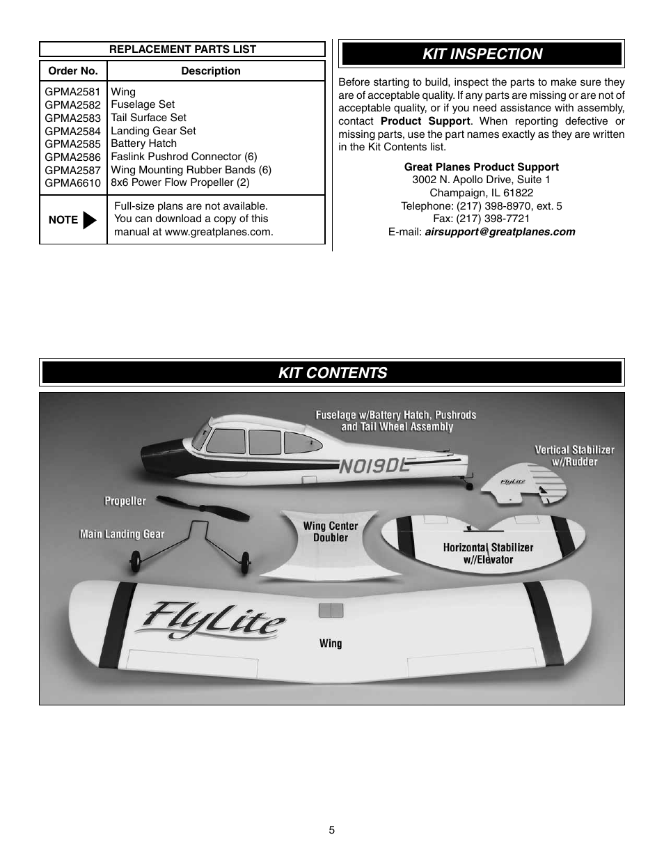 Kit inspection, Kit contents | Great Planes FlyLite EP Slow Flyer ARF - GPMA1107 User Manual | Page 5 / 24