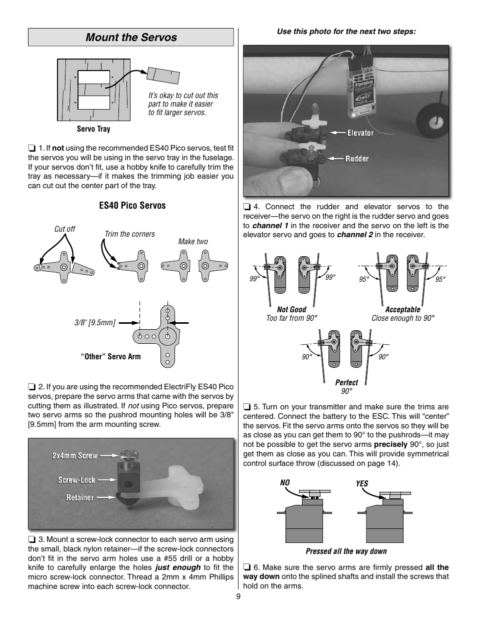 Mount the servos | Great Planes FlyLite EP Slow Flyer ARF - GPMA1107 User Manual | Page 9 / 24