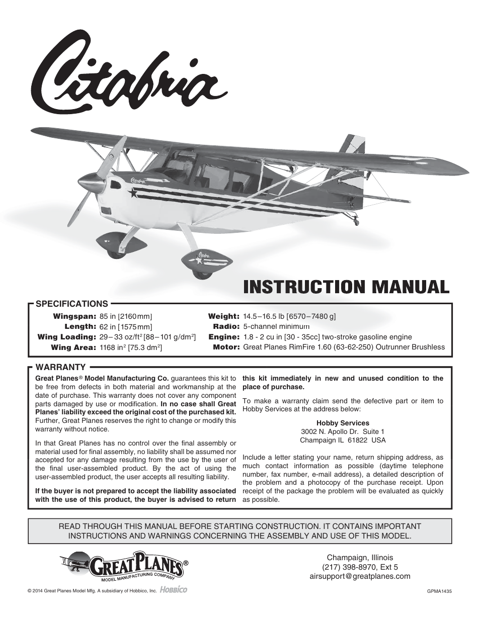 Great Planes Giant Citabria 30cc/EP ARF - GPMA1435 User Manual | 44 pages