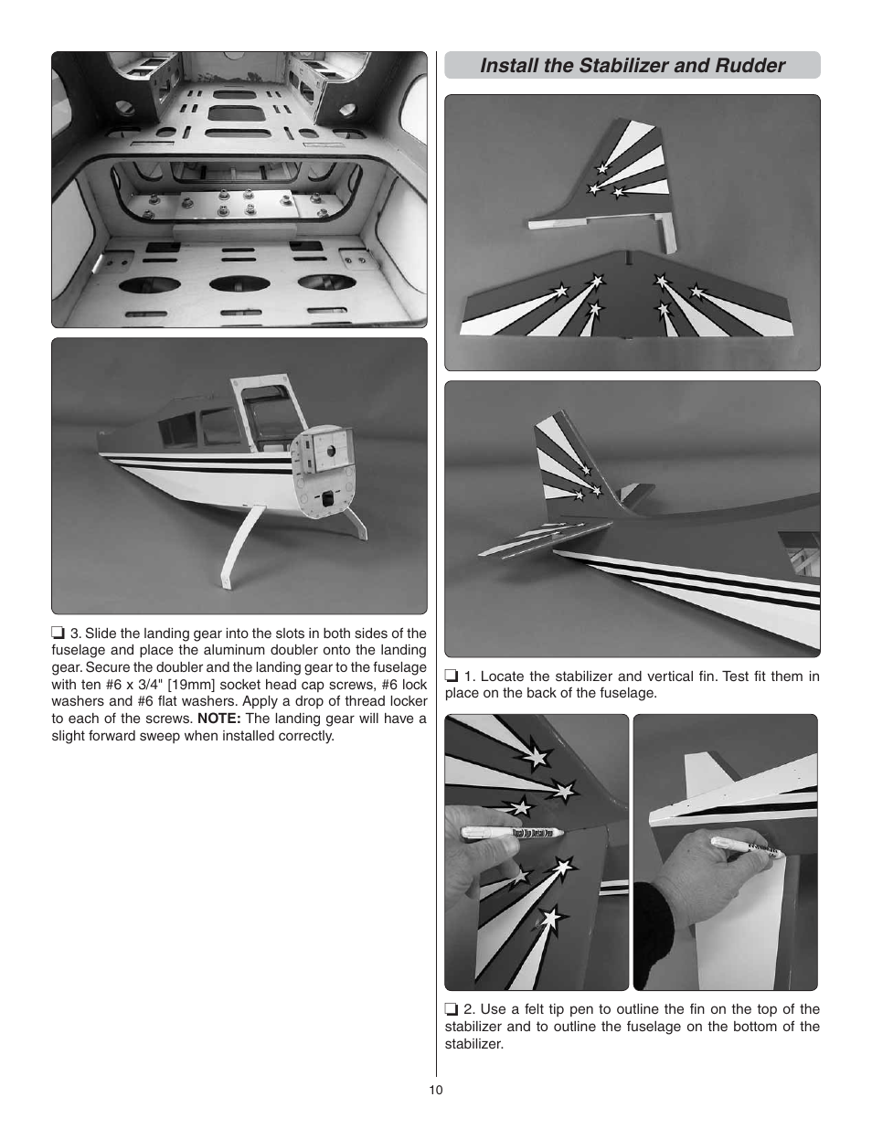 Install the stabilizer and rudder | Great Planes Giant Citabria 30cc/EP ARF - GPMA1435 User Manual | Page 10 / 44