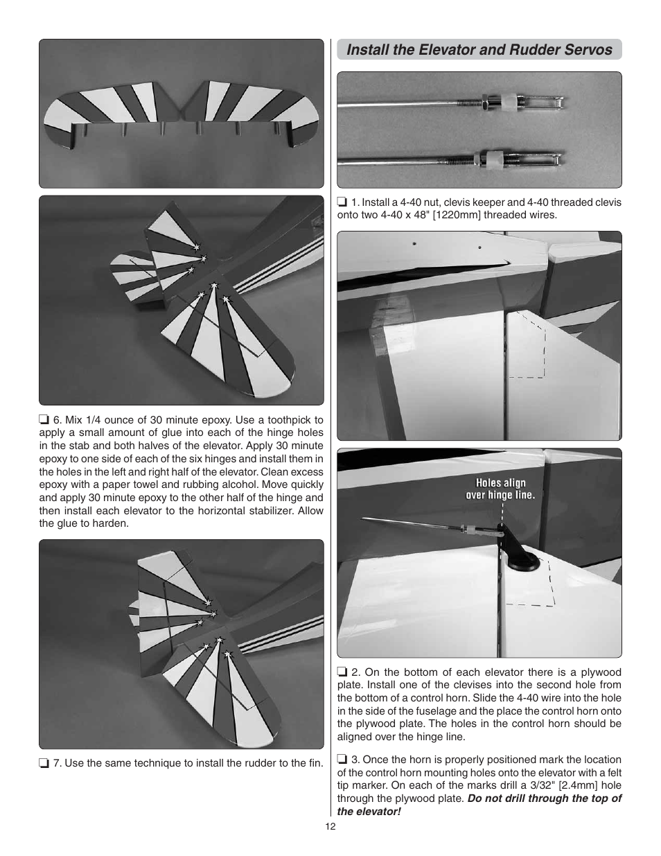Install the elevator and rudder servos | Great Planes Giant Citabria 30cc/EP ARF - GPMA1435 User Manual | Page 12 / 44
