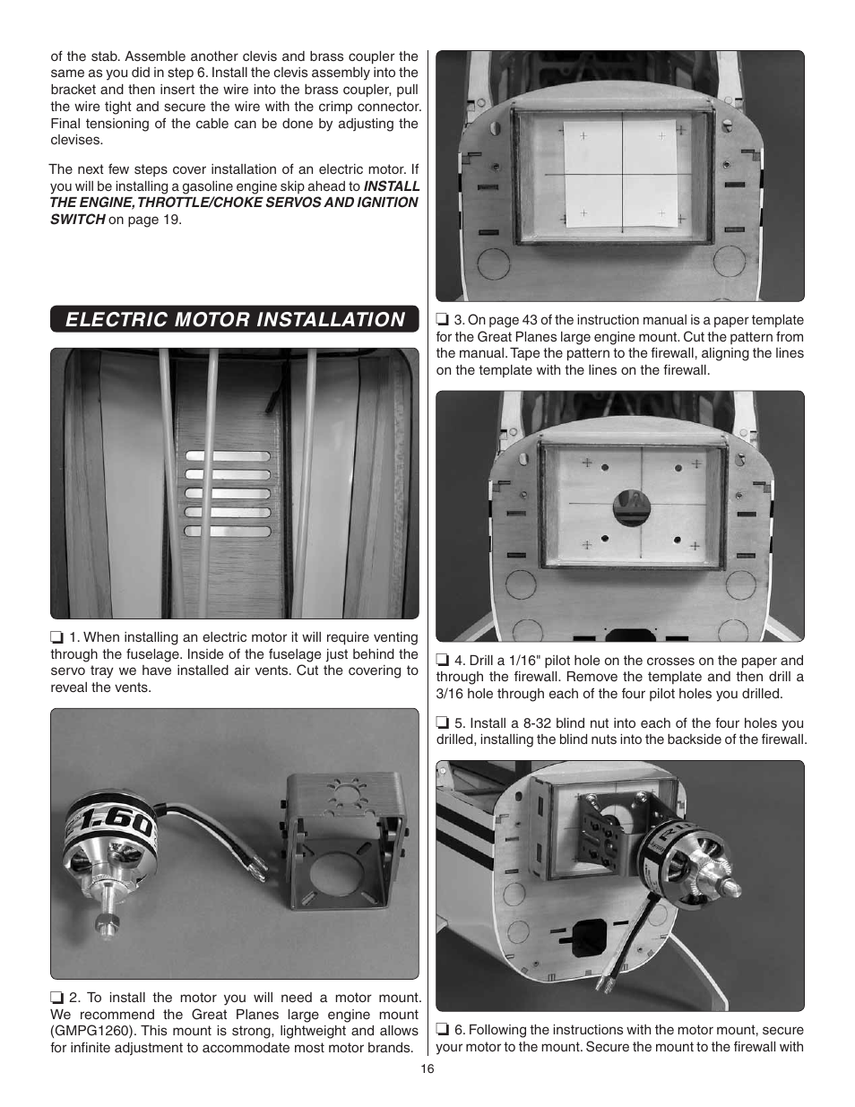 Electric motor installation | Great Planes Giant Citabria 30cc/EP ARF - GPMA1435 User Manual | Page 16 / 44
