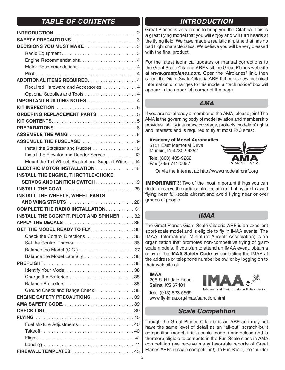 Great Planes Giant Citabria 30cc/EP ARF - GPMA1435 User Manual | Page 2 / 44