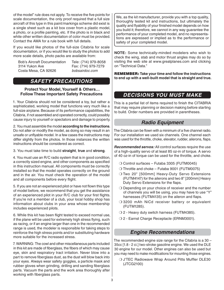 Safety precautions, Decisions you must make, Radio equipment | Engine recommendations | Great Planes Giant Citabria 30cc/EP ARF - GPMA1435 User Manual | Page 3 / 44