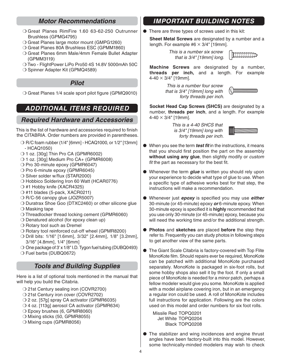 Motor recommendations, Pilot, Tools and building supplies | Great Planes Giant Citabria 30cc/EP ARF - GPMA1435 User Manual | Page 4 / 44