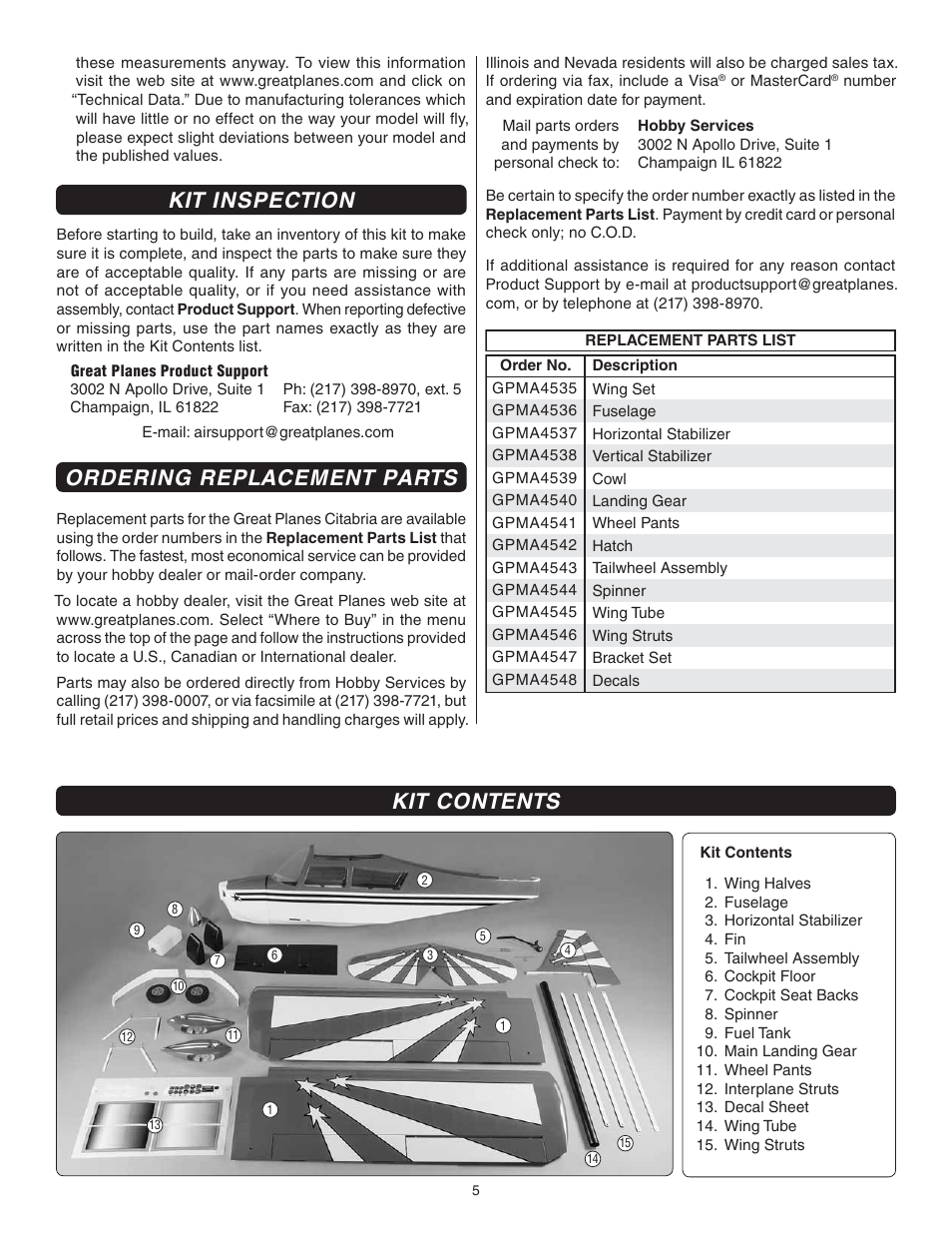 Kit inspection, Ordering replacement parts, Kit contents | Great Planes Giant Citabria 30cc/EP ARF - GPMA1435 User Manual | Page 5 / 44