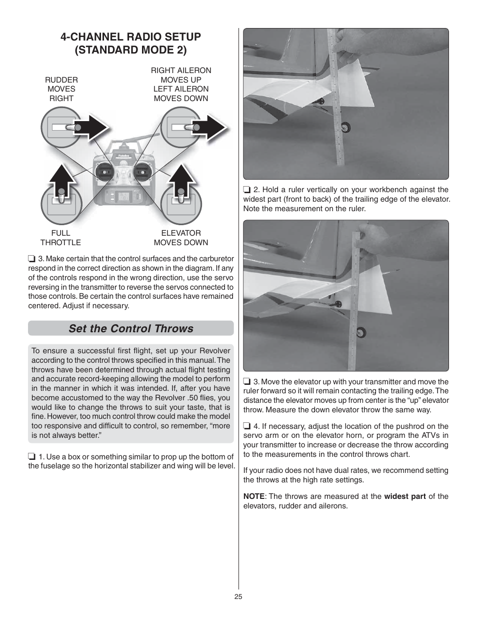 Channel radio setup (standard mode 2), Set the control throws | Great Planes Giant Revolver ARF - GPMA1425 User Manual | Page 25 / 32