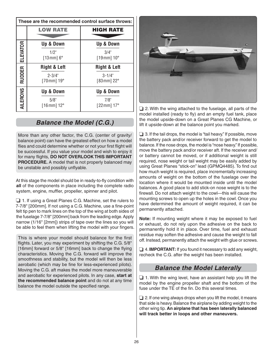 Balance the model (c.g.), Balance the model laterally | Great Planes Giant Revolver ARF - GPMA1425 User Manual | Page 26 / 32