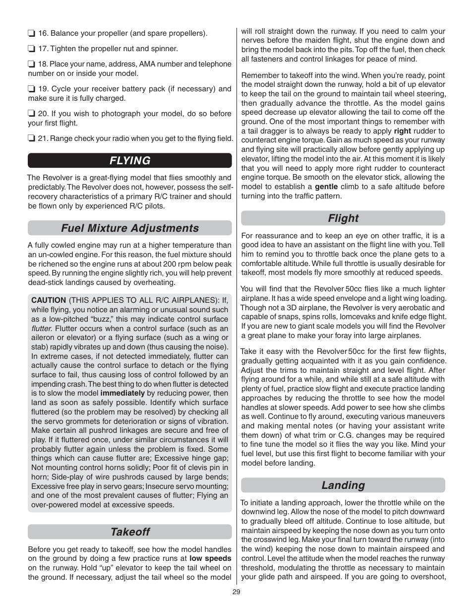 Flying, Fuel mixture adjustments, Takeoff | Flight, Landing | Great Planes Giant Revolver ARF - GPMA1425 User Manual | Page 29 / 32