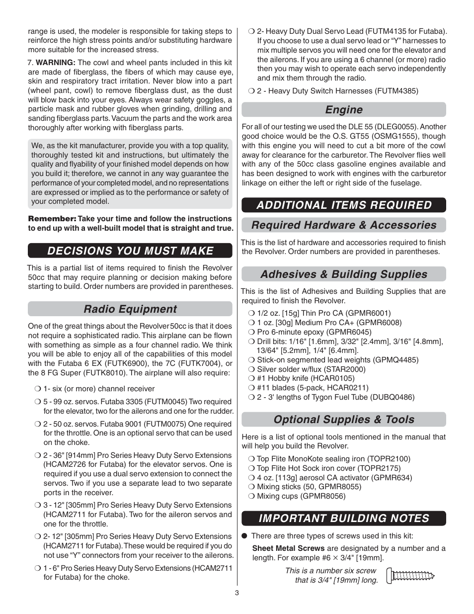 Decisions you must make, Radio equipment, Engine | Adhesives & building supplies, Optional supplies & tools | Great Planes Giant Revolver ARF - GPMA1425 User Manual | Page 3 / 32